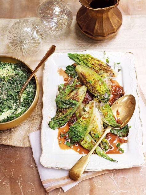 Michel Roux Jr's braised little gem lettuces are easy to make as a side dish and ready in less than 30 minutes. Easter Recipes Savoury, Spinach Puree, Gem Lettuce, Creamed Spinach Recipe, Lettuce Recipes, Grilled Salad, Grilled Romaine, Delicious Magazine, Side Dish Recipes Easy