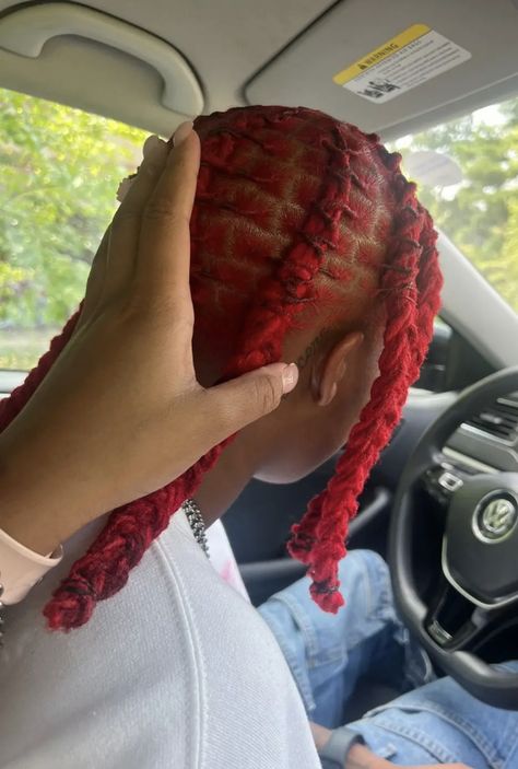 Dread Hairstyles For Men Color, Heart Loc Style, Valentines Day Loc Styles, Red And Orange Locs, Barrell Twist Loc Styles, Loc Hairstyle Ideas, Men’s Loc Styles, Dreads Styles Black, Men Loc Styles