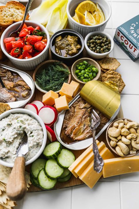 Tinned Fish Charcuterie Board ("Seacuterie") | Walder Wellness, RD Tuna Charcuterie Board, Sardines Charcuterie, Fish Board Ideas, Canned Fish Charcuterie, Canned Fish Board, Tin Fish Pairings, Tin Fish Charcuterie, Smoked Fish Charcuterie Board, Tinned Fish Charcuterie Board