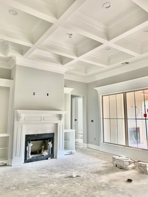 Tall Coffered Ceiling, Fireplace With Coffered Ceiling, Great Room Coffered Ceiling, How To Coffered Ceiling, Coffered False Ceiling, Coffered Ceiling With Crown Molding, Coffered Ceiling With Fireplace, Coffer Ceiling Ideas, 12ft Ceilings Living Room