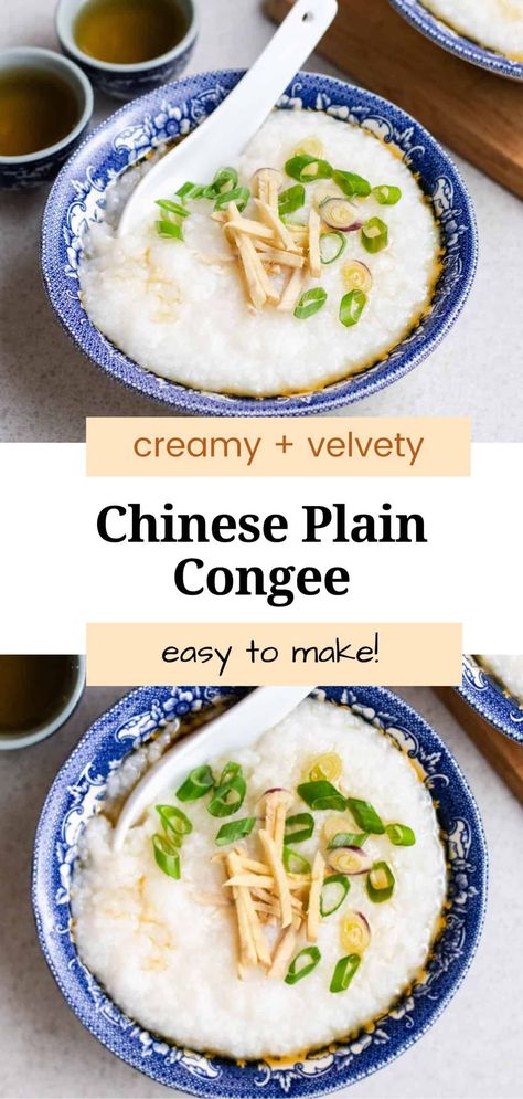 This vegan congee (jook) is creamy, velvety, and incredibly comforting to have. A simple one-pot recipe that only calls for 4 simple ingredients and can be made in an hour. It is versatile and pairs great with many Chinese mains! Congee Recipe Breakfast, Easy Congee Recipe, Vegan Congee, Chinese Congee, Vegan Chinese Food, Congee Recipe, Asian Soups, Vegan Chinese, Chinese Stir Fry