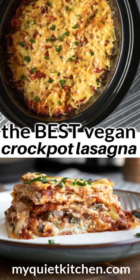 Easy Vegan Crockpot Lasagna Vegan Lasagna Recipe, Vegan Slow Cooker Recipes, Vegan Crockpot Recipes, Vegetarian Slow Cooker Recipes, Vegan Crockpot, Vegan Casserole, Baked Lasagna, Vegan Slow Cooker, Vegetarian Crockpot Recipes