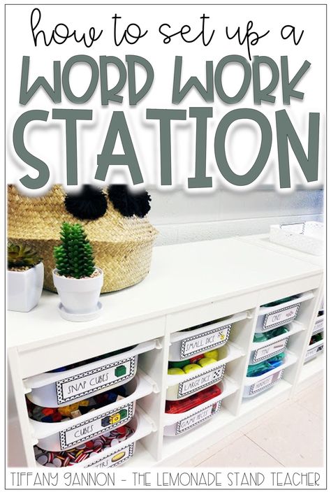 These tips and ideas for setting up your word work centers and stations in your classroom, this post is packed with amazing tips and resources for you! Click the pin to read how this teacher keeps her word work centers organized and sets up the perfect literacy station! Click the pin to read all about it! Classroom Stations Setup, Art Station Kindergarten, Word Work Centers 2nd, Station Organization Classroom, Creation Station Classroom, Student Supply Station, Organizing Small Group Materials, Centers Organization Classroom, Word Work Centers Kindergarten