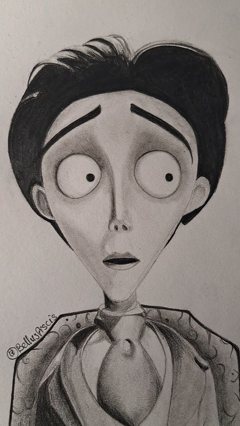 Drawing of a cartoon character called Victor Van Dort, he has unusually big eyes, really dark hair, small lips, and a small nose. His face shape is similar to that of an upside down traingle. He is sitting in a chair wearing a gray suit. Tim Burton Drawings Sketches, Hard Art Drawings, Victor Van Dort Drawing, Victor Drawing, Victor Corpse Bride Drawing, Easy Corpse Bride Drawings, Corpse Bride Drawing Ideas, Corpse Bride Sketch, Emily Drawing Corpse Bride