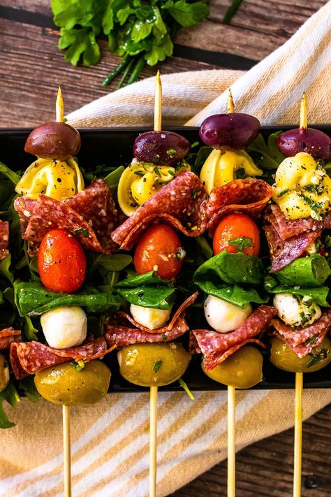 Antipasto Skewers Recipe – Happy Muncher Antipasto Kabobs, Antipasto Skewers, Skewer Appetizers, Fresh Tomato Recipes, Cocktail Party Food, Make Ahead Appetizers, Skewer Recipes, Great Appetizers, Soup And Sandwich