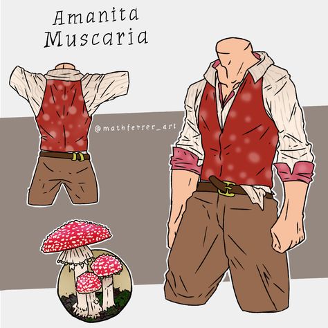 male mushroom inspired clothing Red Outfit Design Drawing, Fairy Garden Outfit Men, Male Outfits Aesthetic Drawing, Mushroom Outfit Male, Witch Inspo Outfits, Mushroom Cosplay Men, Male Art Outfits, Male Mushroom Costume, Mushroom Design Drawing