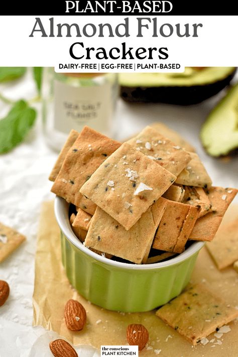 Almond Flour Crackers (3 Ingredients, No Eggs) - The Conscious Plant Kitchen Almond Flour Crackers Vegan, Almond Crackers Recipe, Coconut Flour Crackers, Almond Flour Crackers Recipe, Almond Crackers, Almond Flour Crackers, Conscious Plant Kitchen, Seed Crackers Recipe, Make Almond Flour