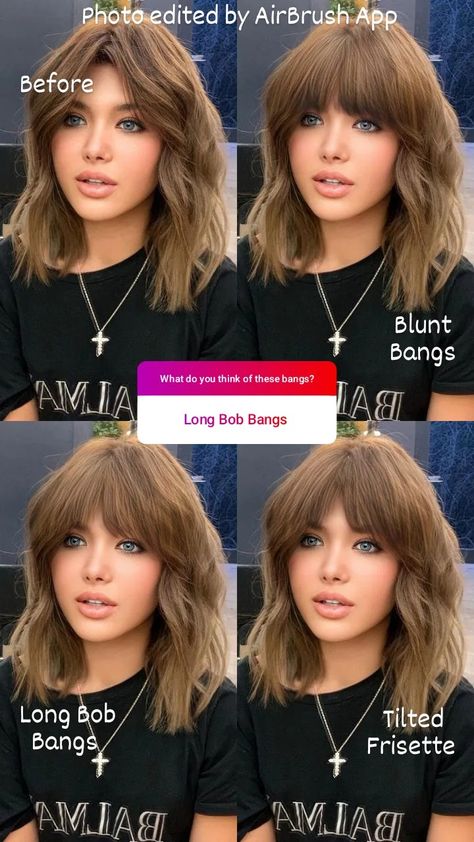 Shoulder Length With Fringe Bangs, Medium Hair Straight Bangs, Shoulder Length Hair With Bangs 2023, Lob With Full Bangs, Lob With Bangs 2023, Wavy Long Bob With Bangs, Tilted Frisette Bangs, Bottle Bangs, Collar Bone Length Hair With Bangs