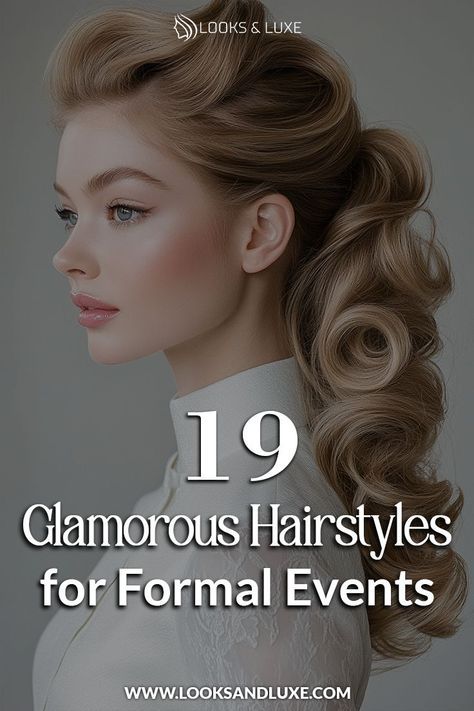 Cocktail Party Hair Updo, Garden Theme Hairstyles, Hair For Evening Gown, Evening Updo Medium Hair, Elegant Hair Styles For Long Hair, Hairstyles For 1 Shoulder Dress, Hairstyles For A Formal Event, Elegant Hair Down Styles, Fancy Party Hairstyles