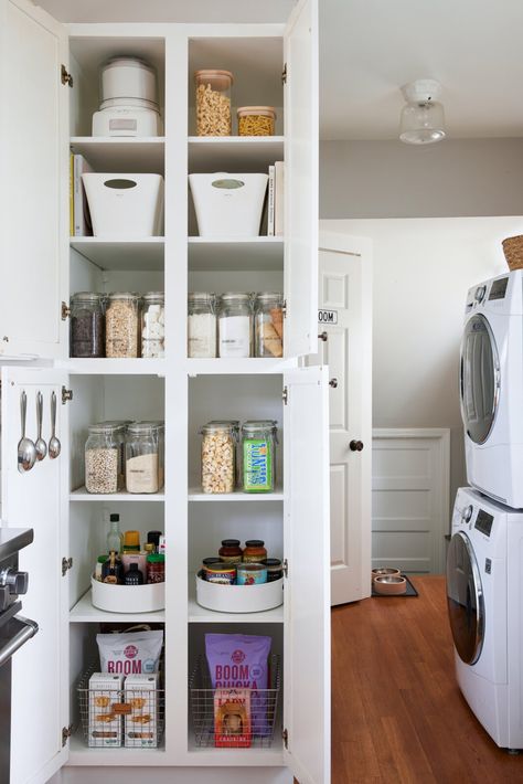 My House: There’s a Place for Everything in Organization Expert Shira Gill’s Berkeley Bungalow - Dwell Shira Gill, Recessed Shelves, Pantry Jars, Minimize Clutter, Snug Room, Dining Room Cabinet, Stackable Washer And Dryer, A Place For Everything, Vanity Drawers