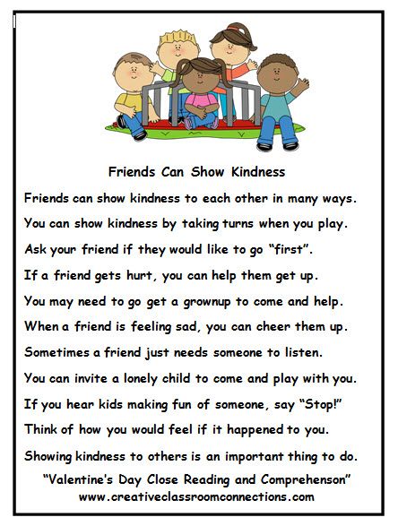 Friendship story makes a great February activity. Complete unit entitled "Valentine's Day Close Reading and Comprehension" www.creativeclassroomconnections.com Friendship Day Story, Kindness For Kids, 2nd Grade Reading Comprehension, Friendship Stories, February Activity, Fluency Activities, English Activities For Kids, About Friendship, 2nd Grade Reading