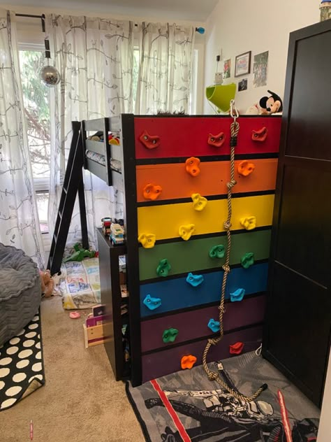 Ikea hack! Cut down the original loft bed for our little one and attached a home made rock wall to one side. Great for our little sensory seeker! Little Boys Loft Bed, Diy Space Bedroom Decor, Loft Bed With Rock Wall, Diy Sensory Bedroom Ideas, Sensory Seeker Bedroom, Loft Bed Ideas Boys Room, Rock Wall Bunk Bed, Floor Bed No Frame, Rock Wall Bedroom Ideas