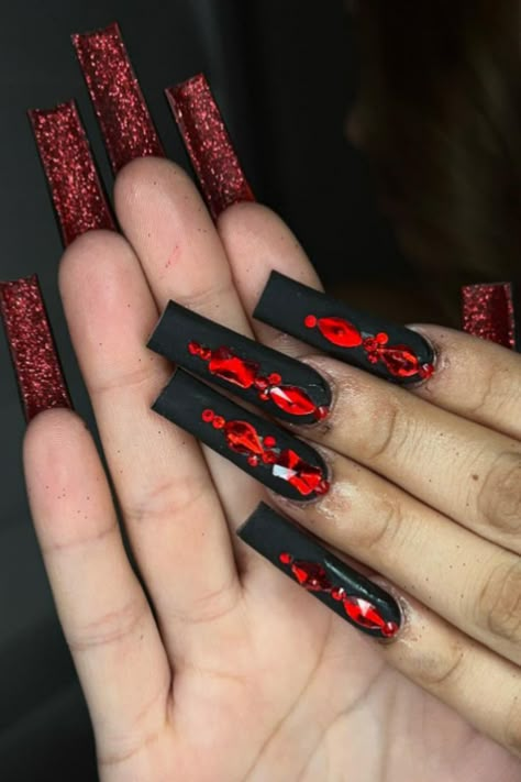 Red Black Nails, Coffin Shaped Nails, Nails With Red, Quinceanera Nails, Cheetah Print Nails, Red Nails Glitter, Natural Nail Designs, Red Nail Art, Wow Nails