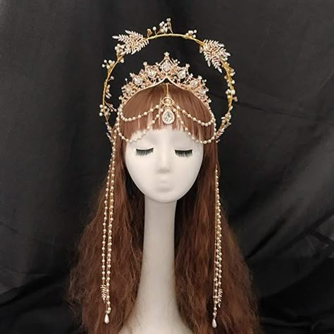 Moon Crown Goddesses, Aphrodite Crown, Halloween Costume Goddess, Goddess Headpieces, Halo Crown Headpieces, Goddess Costume Accessories, Golden Headpiece, Goddess Headband, Goddess Halloween Costume