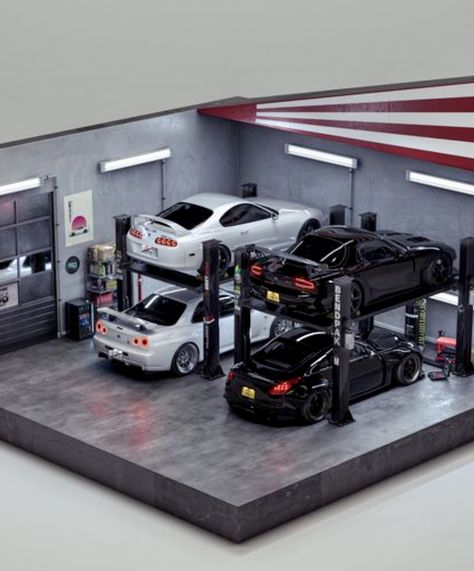 Hotwheels Garage Ideas, Jdm Garage, Car Diorama, Hot Wheels Diorama, Hot Wheels Garage Diy, Hot Wheels Cars Display, Car Model Display, Hot Wheels Wall, Car Room Decor