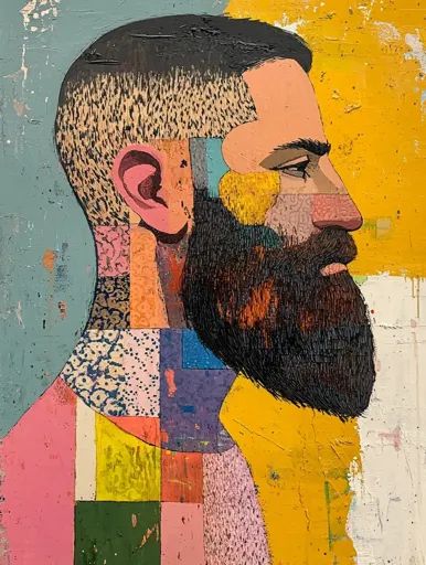 ↑↑↑ Larger size on website 🔸 A portrait of a man in profile, painted in a patchwork style. His face is made of brightly colored s A Man, Patchwork