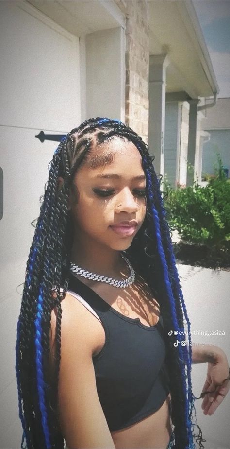 Braids For Black Women Design, Braids For Black Women Colorful, Box Braid Designs For Black Women, Braid Color Hairstyles, Braid Style Ideas For Black Women, Braid Hairstyles For Back To School, Blue And Black Passion Twist, Braided Color Hairstyles, Braided Hairstyles Box Braids With Color