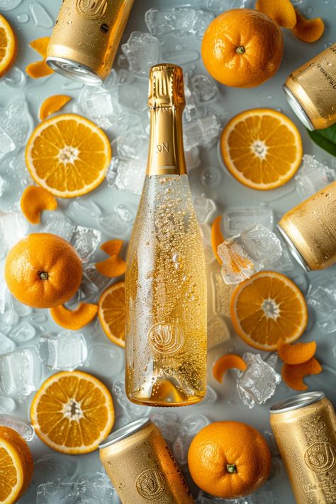 orange prosecco bottle turned 45 degrees to the right with many cans around the bottle, on a liquid surface, bubbles, orange chips, ice, white background, aerial shot, food photography, product photography --v 6  --stylize 250 --style raw Champagne Orange, Makeup Wisuda, Prosecco Bottle, Premium Background, Orange Creamsicle, Photography Product, Cute Easy Drawings, Product Photography, Nature Wallpaper