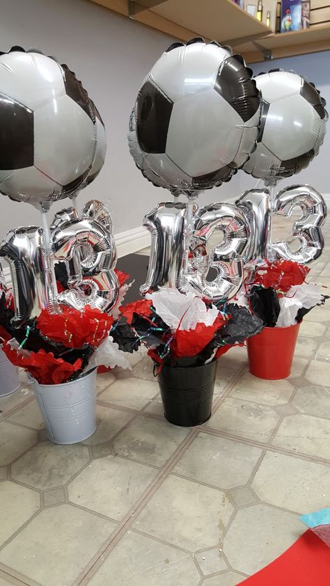 Soccer decorations Soccer Birthday Party Centerpieces, Diy Soccer Centerpiece Ideas, Soccer Banquet Centerpieces High Schools, Soccer Ball Centerpiece Ideas, Chivas Party Theme, Soccer Table Decorations, Soccer Signing Day Table, Soccer Banquet Decorations, Soccer Centerpiece Ideas