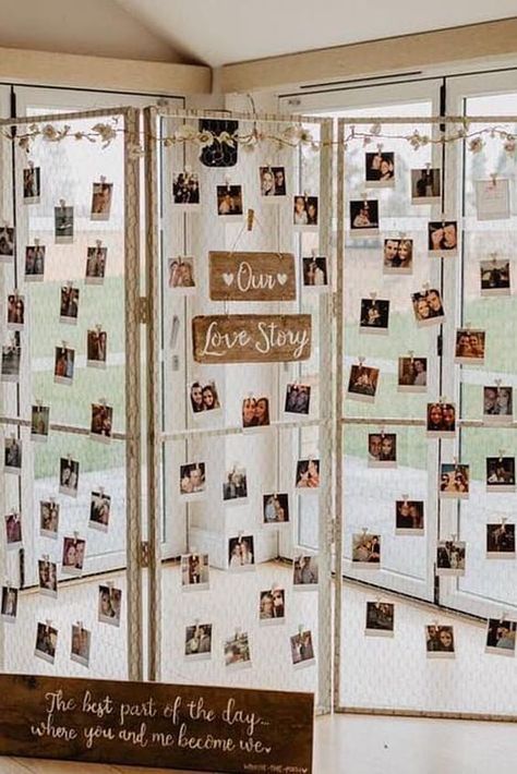 19 Creative Way to Display Photos at Your Wedding Way To Display Photos, Wedding Photo Walls, Photo Timeline, Wedding Photo Display, Photo Wall Display, Coin Photo, Memory Wall, Wedding Display, Stick Photo