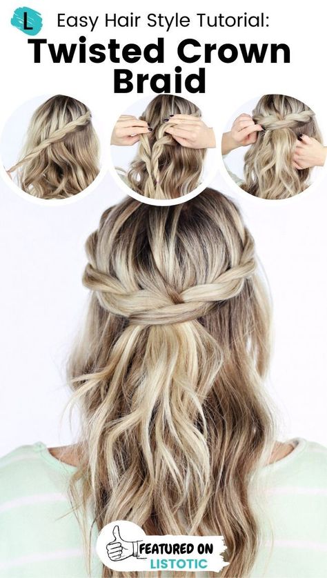 Easy hair style tutorial for a twisted crown braid. The perfect cute hairstyle tutorial for long hair. Not only does this twisted crown braid look amazing, but it takes less than 5 minutes to recreate! Furthermore, all you need for this hairstyle is some bobby pins. The perfect look for any occasion! See the full list of featured hairstyles and more idea lists over on Listotic! #hair #tutorial #boho Twisted Crown Braid, Cute Hairstyle Tutorial, Style Tutorial, Perfect Cute, Cute Hairstyle, Hair Tutorials Easy, Hairstyle Tutorial, Crown Braid, Work Hairstyles