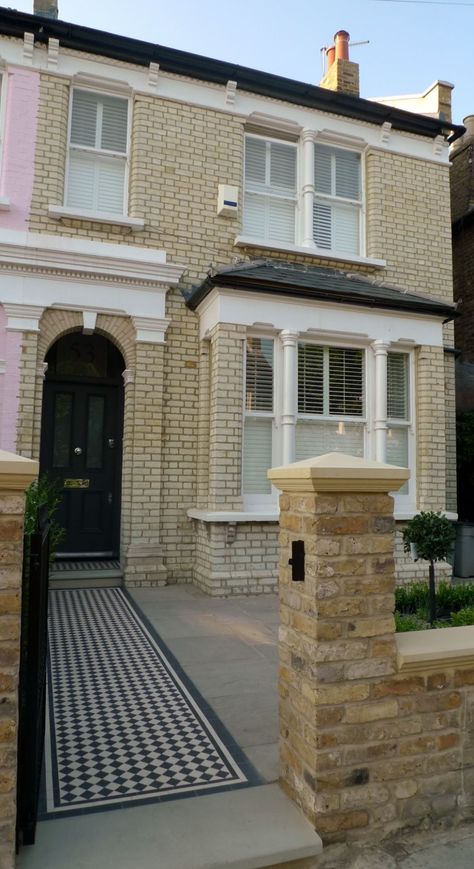 London Doors, Yellow Brick Houses, Victorian Front Garden, Brick Wall Gardens, Terrace House Exterior, Victorian Front Doors, Garden Decking, Exterior Garden, Entrance Floor