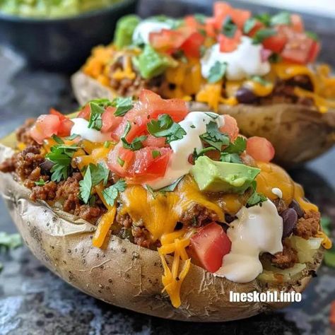 Homemade Taco Stuffed Baked Potato Chuck Roast Crock Pot, Taco Potatoes, Chuck Roast Crock Pot Recipes, Stuffed Baked Potato, Roast Crock Pot Recipes, Potato Dip, Weekly Meal Ideas, Baked Potato Dip, Roast Crock Pot