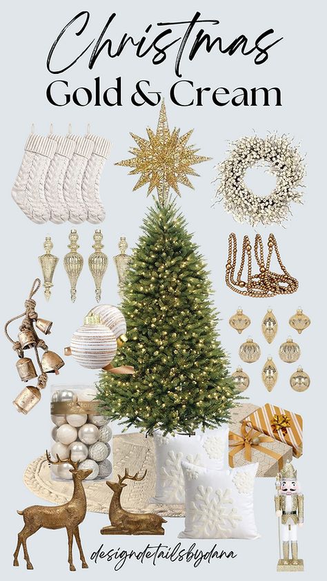 Seasonal Decor | DesignDetailsbyDana Cream Gold Christmas Decor, Cream Gold Christmas Tree, Green Cream And Gold Christmas Decor, Cream And Gold Christmas Decor, Gold Cream Christmas Tree, Gold And Cream Christmas Tree, Cream And Gold Christmas Tree, Cream And Gold Christmas, Anthropologie Christmas Decor