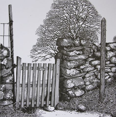 Drawing Stone Walls, Stone Wall Illustration, Gate Sketch, Stone Wall Drawing, Gate Drawing, Fence Drawing, Sunflower Sketches, Pen Art Work, Pen Art Drawings