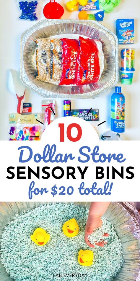 Dollar Store Sensory Bins (budget DIY sensory bins for toddlers) | Fab Everyday Sensory Teaching Ideas, Dollar Tree Therapy Ideas, Sensory Activities Table, What To Put In Sensory Bin, Sensory Bins For 16 Month Old, Sensory Bins With Beans, Sensory Bin Items, Sensory Bun Ideas, Play Dough Sensory Kits Diy