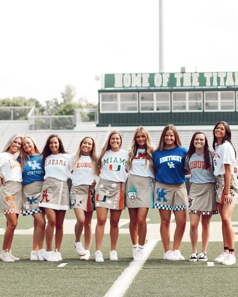 Painted Skirts College, Cheer Camp Outfits Theme, College Skirt Painting, Country Club Student Section, Senior Skirt Painted, College Skirt Decorating, High School Student Section, College Painted Skirt, Senior Skirt Set