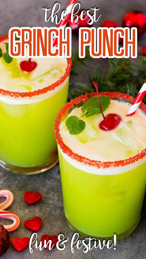 This Grinch punch recipe is a fun and festive drink made with fruit juices, lemon lime soda and sherbet. Grinch Punch Recipe, Lime Sherbet Punch, Grinch Punch, Holiday Mocktail, New Years Appetizers, Delicious Christmas Desserts, Lime Sherbet, Friends Recipes, Grinch Party