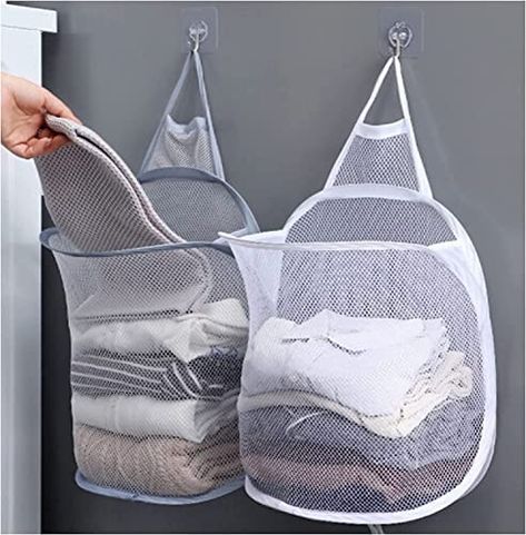 Hanging Laundry Hamper, 2 Pack Mesh Laundry Basket Foldable Hamper Collapsible Dirty Clothes Hamper Wall Mounted Storage Bag Used for Travel, Bedroom & Bathroom （Grey & White）: Laundry Bags: Amazon.com.au Hanging Hamper, Caravan Ideas, Wand Organizer, Dirty Clothes Storage, Laundry Basket Organization, Bathroom Basket Storage, Dirty Clothes Basket, Folding Laundry, Clothes Hamper