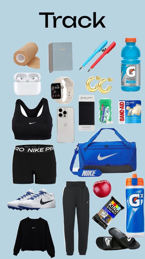 guys this is what's in my track bag#track #trackbag #cute What To Pack In A Track And Field Bag, Track Must Haves, Track Essentials, Track Bag, Running Fits, Nike Duffle Bag, Soccer Bag, Cute Box Braids, Track Team