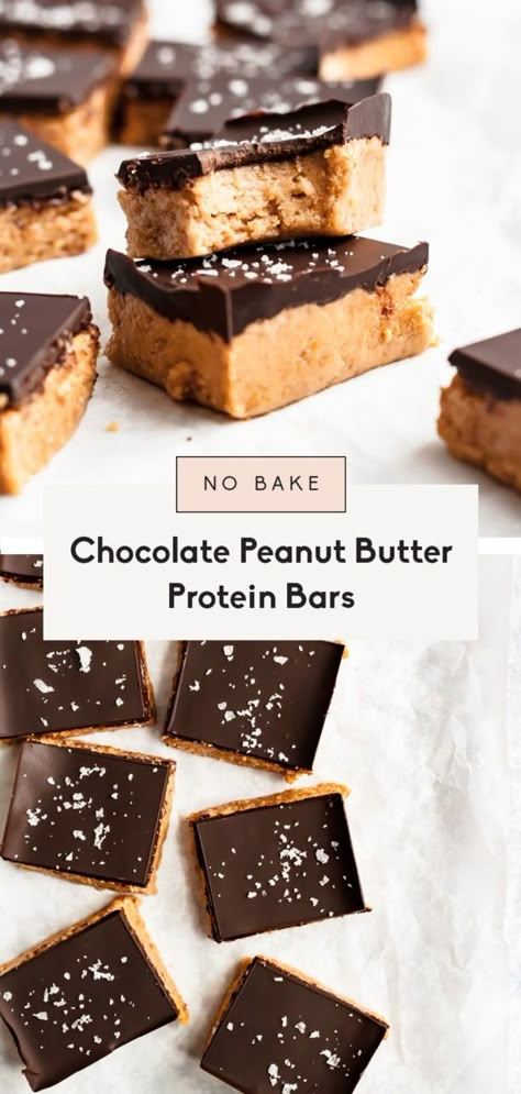 No bake peanut butter protein bars that taste just like a Reese's peanut butter cup. This low carb protein bar recipe will be your new favorite snack to keep in your fridge and enjoy all week long. #nobake #healthysnack #highprotein #peanutbutter #chocolate #proteinbar Chocolate Peanut Butter Protein Bars, Low Carb Protein Bars Recipe, Protein Bar Recipe, Low Carb Protein Bars, Peanut Butter Protein Bars, No Bake Peanut Butter, Low Carb Peanut Butter, Protein Bar Recipes, Ambitious Kitchen