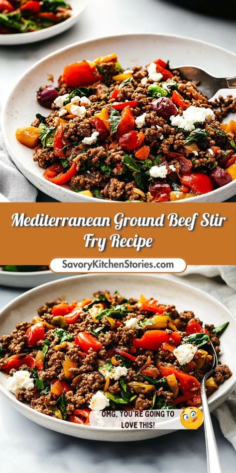 Searching for a versatile and tasty weeknight dinner? This Mediterranean Ground Beef Stir Fry Recipe is a wonderful fusion of flavors that’s ready in minutes. Ideal for busy lifestyles, it’s both nutritious and delicious! Save this recipe to enhance your Mediterranean dinner ideas for future meals! Mediterranean Beef Stir Fry, Keto Ground Beef Recipes Dairy Free, Stir Fry Minced Beef, Steak Mediterranean Recipes, Ground Beef Healthy Dinner Recipes, Ground Beef Vegetable Recipes, Mediterranean Ground Beef Stir Fry, Beyond Ground Beef Recipes, Keto Friendly Ground Beef Recipes