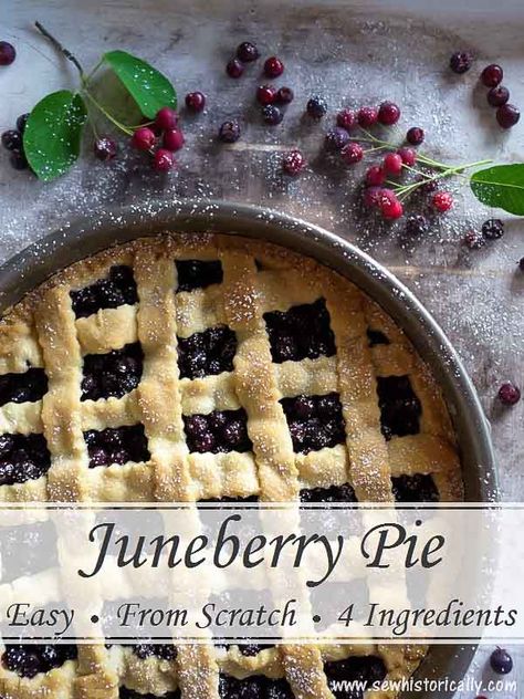 You only need 4 ingredients for this homemade juneberry pie from scratch: Flour, butter and sugar for the shortcrust pastry and juneberries as pie filling. Juneberries are edible and make a delicious pie filling! Juneberry Pie, Juneberry Recipes, Berry Pie Recipe With Frozen Berries, Saskatoon Berry Pie Filling, Easy Berry Pie Recipes, Saskatoon Berry Pie, Berry Pie Filling, Foraging Recipes, Healthy Cake Recipes