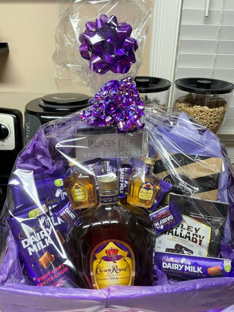 Royal Crown Birthday Basket filled with liquor & dairy milk chocolate Crown Royal Gift Basket Ideas, Liquor Gift Baskets For Women, Liquor Gift Baskets Diy, Alcohol Raffle Basket Ideas, Liquor Baskets, Adult Gift Basket, Booze Gift, Beer Cakes, Alcohol Gift Baskets