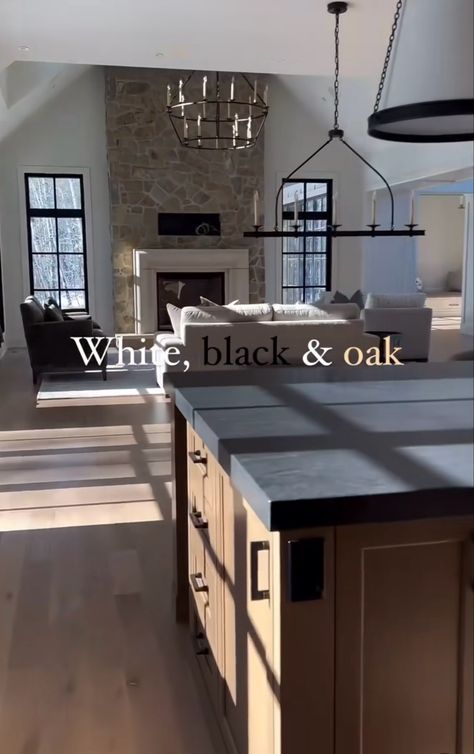 White Black Oak Kitchen, Brown And Black Kitchen Ideas, Black Farmhouse Interior, White Oak And Black Kitchen, Black And Timber Kitchen, Black White And Wood Kitchen, Farmhouse 2023, Dorm House, Black Modern Farmhouse