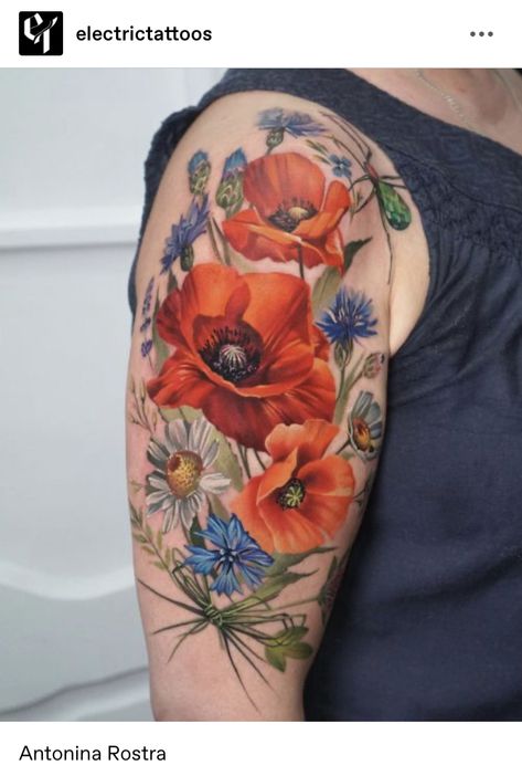 Realistic Flower Tattoo, Vintage Flower Tattoo, Poppy Flower Tattoo, Poppies Tattoo, Tattoos For Women Flowers, Flower Tattoo Shoulder, Floral Tattoo Sleeve, 1 Tattoo, Sleeve Tattoos For Women