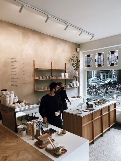 Minimal Coffee Shop Interiors, Small Coffee Shop Counter Design, Soho Coffee Shop, Cafe Front Counter, Low Ceiling Cafe, Coffee Shop Seating Ideas, Japandi Coffee Shop, Minimalistic Coffee Shop, Minimal Coffee Bar