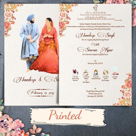 Sikh Wedding Card, Anand Karaj, Printed Wedding Cards, Punjabi Wedding, Punjabi Wedding Print, Indian Wedding Print, Indian Wedding - Etsy Canada Sikh Wedding Invitations Cards, Sikh Wedding Card, Sikh Wedding Invitation, Wedding Card Wordings, Proof Reading, Hindu Wedding Invitation Cards, Ceremony Outfit, Wedding Card Design Indian, Free Wedding Cards