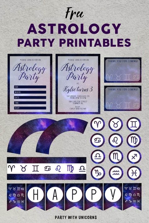 Today I am adding a set of Astrology Party Printables to our collection. This set is perfect for a Horoscope Party, an Astrology Party or a Zodiac Party. Whatever the theme, this set is all about the stars. What is the Zodiac? If you’ve been asked by your teen to put together a horoscope birthday, […] Read more... Horoscope Birthday Party, Horoscope Party, Astrology Party, Zodiac Party, Teenager Party, Easy Party Favor, Galaxy Party, Astrology Birthday, Zodiac Birthdays