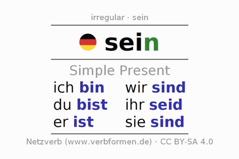 Present German verb sein (be, stay): rules explained, grammar, many examples, translations, definition, speech output, exercises, download. Forms Of Verb, Simple Present, Verb Forms, Present Perfect, Learn German, All Hero, Every Thing, Iphone Apps, Looking Up