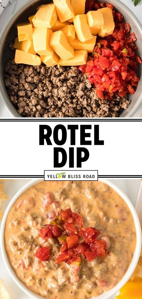 With only three ingredients, this quick and easy Rotel Dip will be a favorite at any party. It's the perfect blend of cheesy and spicy. Dips That Go With Fritos, Red Lobster Dip Recipe, Spicy Sausage Rotel Dip, Velvets And Rotel Dip, Rotel Dip With Cream Cheese No Meat, Mexican Rotel Dip, Rotel Dip Stovetop, Homemade Rotel Dip, Easy Rotel Dip Crockpot