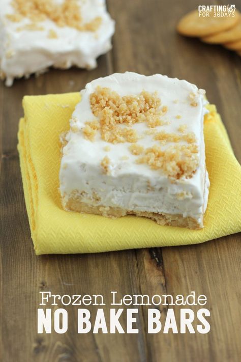 Frozen Lemonade No Bake Bars are a great summer dessert iea! From CraftingE via www.thirtyhandmadedays.com Lemonade Bars, Lemonade Bar, Frozen Lemonade, No Bake Bars, Lemon Desserts, Summer Dessert, Lemon Recipes, Frozen Desserts, Frozen Treats