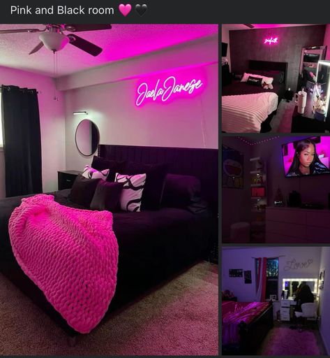 Black Grey And Pink Bedroom Ideas, Black And Hot Pink Room Ideas, Dark Pink Room Ideas, Black Pink White Bedroom, Pink And Black Aesthetic Room, Black And Hot Pink Room, Room Black And Pink, Black And Pink Room Decor, Black Pink Bedroom