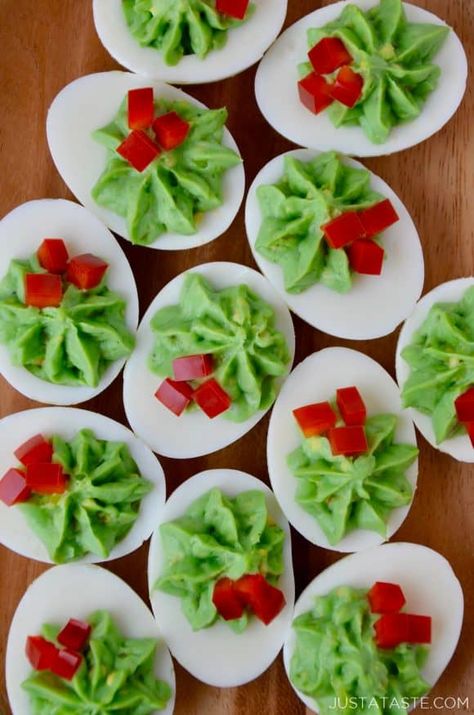 Christmas Deviled Eggs | Just a Taste Christmas Deviled Eggs, Make Ahead Christmas Appetizers, Christmas Recipes Appetizers, Just A Taste, Deviled Eggs Recipe, Christmas Food Dinner, Christmas Brunch, Xmas Food, Holiday Appetizers