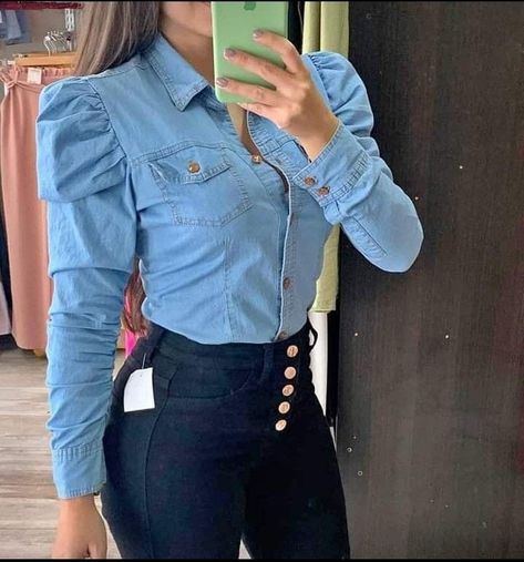 Denim Attire, Vestiti In Jeans, Casual Denim Outfits, Corporate Shirts, Punk Style Outfits, Diy Clothes And Shoes, Womens Tops Dressy, High Fashion Outfits, Trendy Fashion Tops