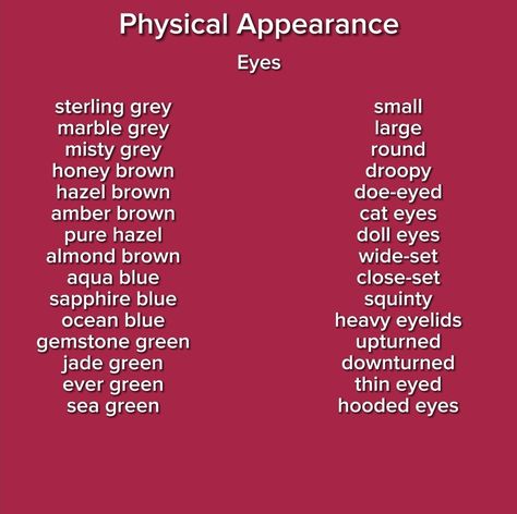 Eye Shape Description, Eye Descriptions For Writing, Eyes Descriptions For Writing, Eyes Writing Description, Adjectives For Characters, Describe Skin Tone Writing, Descriptive Words For Eyes, Appearance Description Writing, Words To Describe Appearance